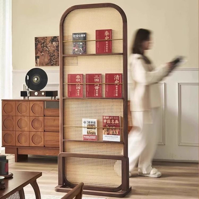 Traditional Chinese Rubberwood PE Rattan Room Divider With 3-Tier Storage Shelf For Living Room