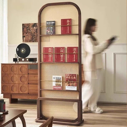 Traditional Chinese Rubberwood PE Rattan Room Divider With 3-Tier Storage Shelf For Living Room