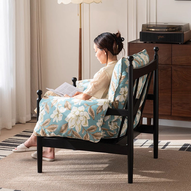 Traditional French Rectangular Fabric Oak Accent Chair Backrest Armrest For Living Room