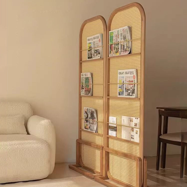 Traditional Chinese Rubberwood PE Rattan Room Divider With 3-Tier Storage Shelf For Living Room