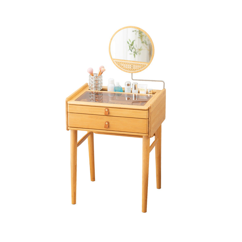 Traditional Rustic Rectangular Bamboo Stainless Steel Resin Glass Makeup Vanity 2-Drawer For Bedroom