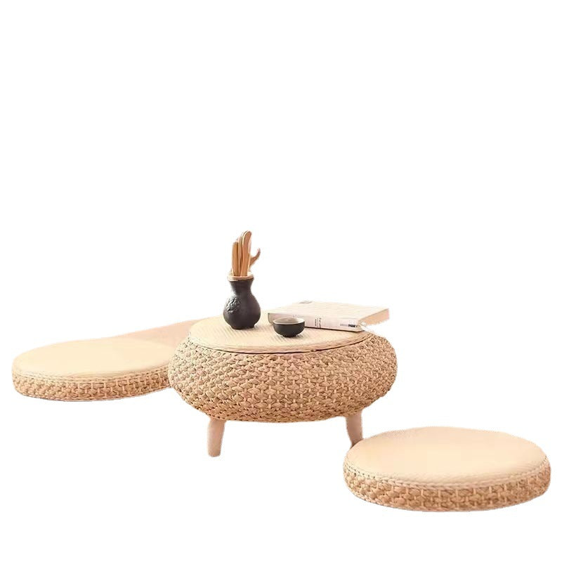 Traditional Japanese Round Rattan Mat Side Table Solid Wood Frame Side Table 1-Storage For Living Room
