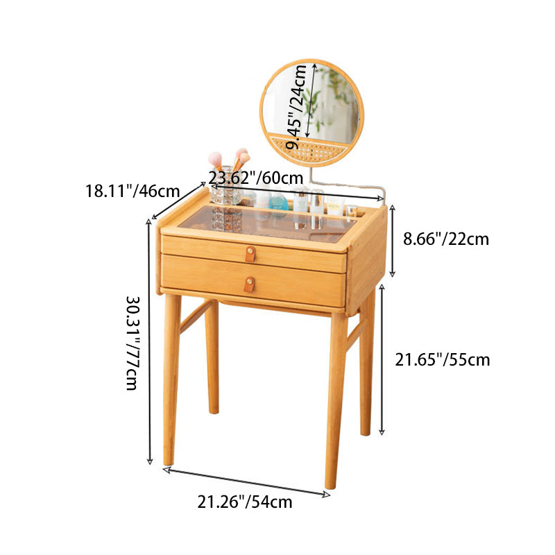 Traditional Rustic Rectangular Bamboo Stainless Steel Resin Glass Makeup Vanity 2-Drawer For Bedroom