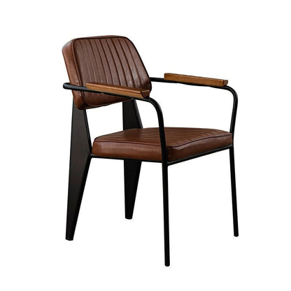 Traditional Vintage Rectangular Faux Oil-Waxed Leather Solid Wood Steel Dining Chair Backrest Armrest For Dining Room