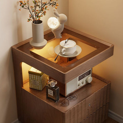Contemporary Nordic Rectangular Rubberwood Pine Wood Tempered Glass Zinc Alloy Nightstand 2-Drawer For Bedroom