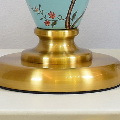Traditional Chinese Cylindrical Floral And Bird Pattern Metal Ceramic Fabric 1-Light Table Lamp For Bedroom