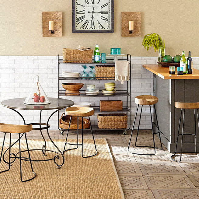 Contemporary Retro Square Solid Wood Iron Bar Stool Backless Footrest For Dining Room