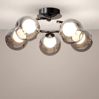 Modern Mid-Century Round Electroplated Glass Stainless Steel Carbon Steel 5-Light Semi-Flush Mount Ceiling Light For Living Room