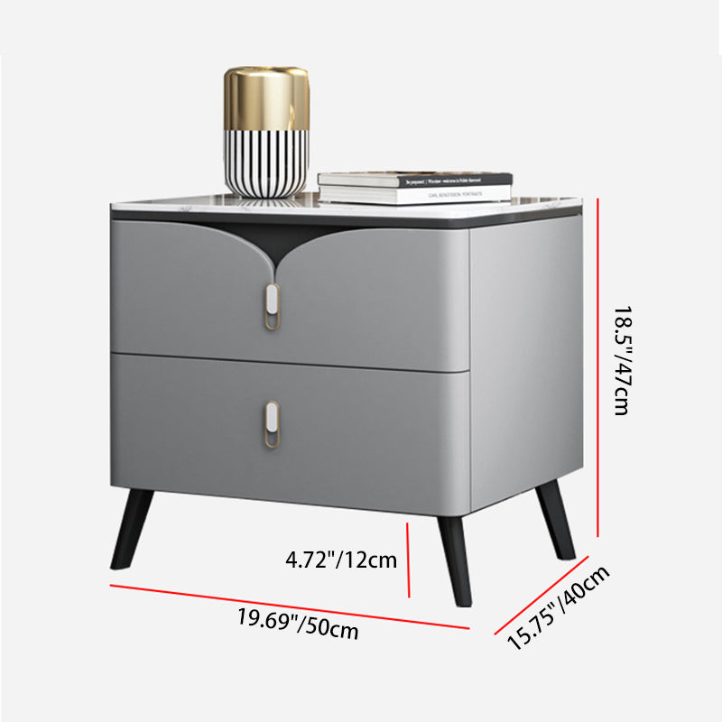 Contemporary Nordic Rectangular Stone Slab Wood Microfiber Leather Carbon Steel Nightstand 2-Drawer For Bedroom