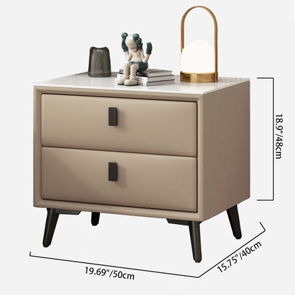 Modern Minimalist Rectangular Stone Slab Cat's Paw Leather Medium Density Fiberboard Pine Wood Carbon Steel Nightstand 2 -Drawer For Bedroom