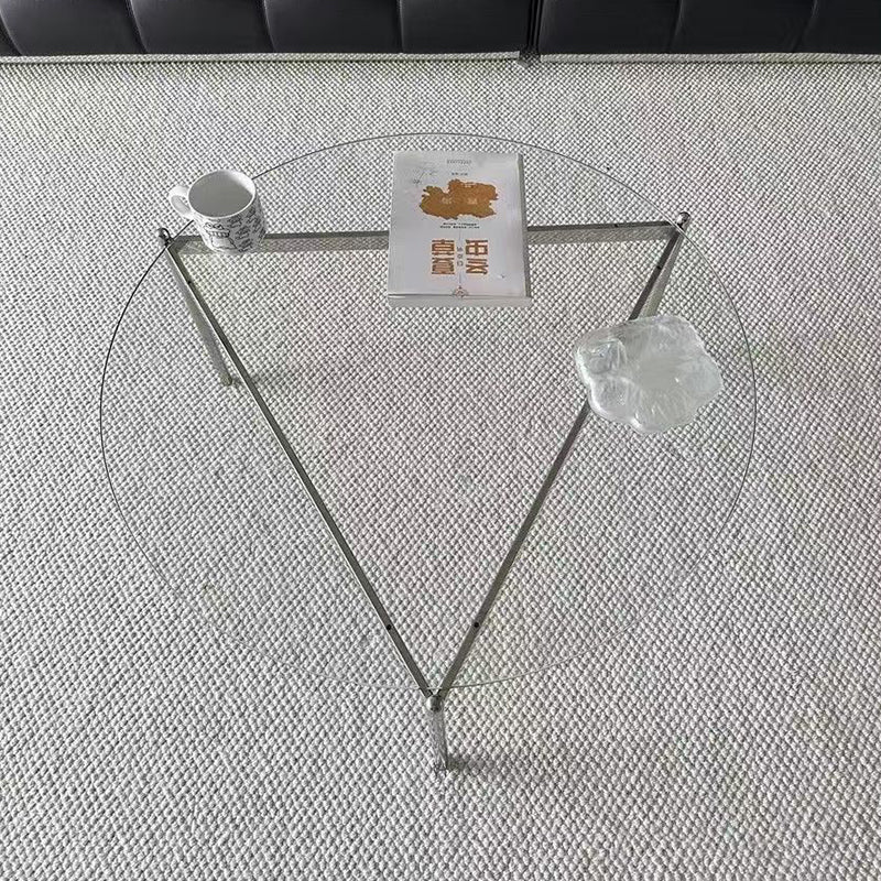 Modern Minimalist Round Triangle Tempered Glass Stainless Steel Coffee Table 1-Tier For Living Room