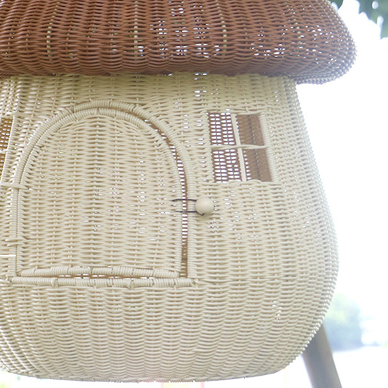 Contemporary Creative Round PP Rattan Handwoven Mushroom-Shaped Cat Bed For Outdoor & Bedroom