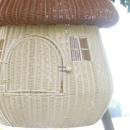 Contemporary Creative Round PP Rattan Handwoven Mushroom-Shaped Cat Bed For Outdoor & Bedroom