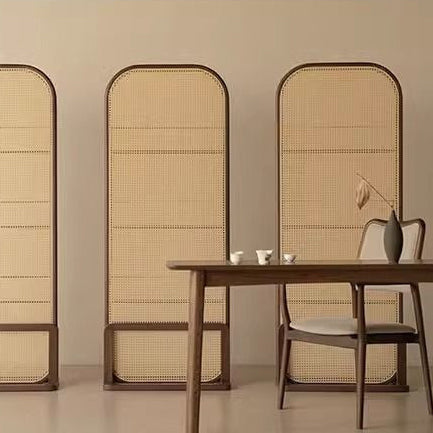 Traditional Chinese Rubberwood PE Rattan Room Divider With 3-Tier Storage Shelf For Living Room
