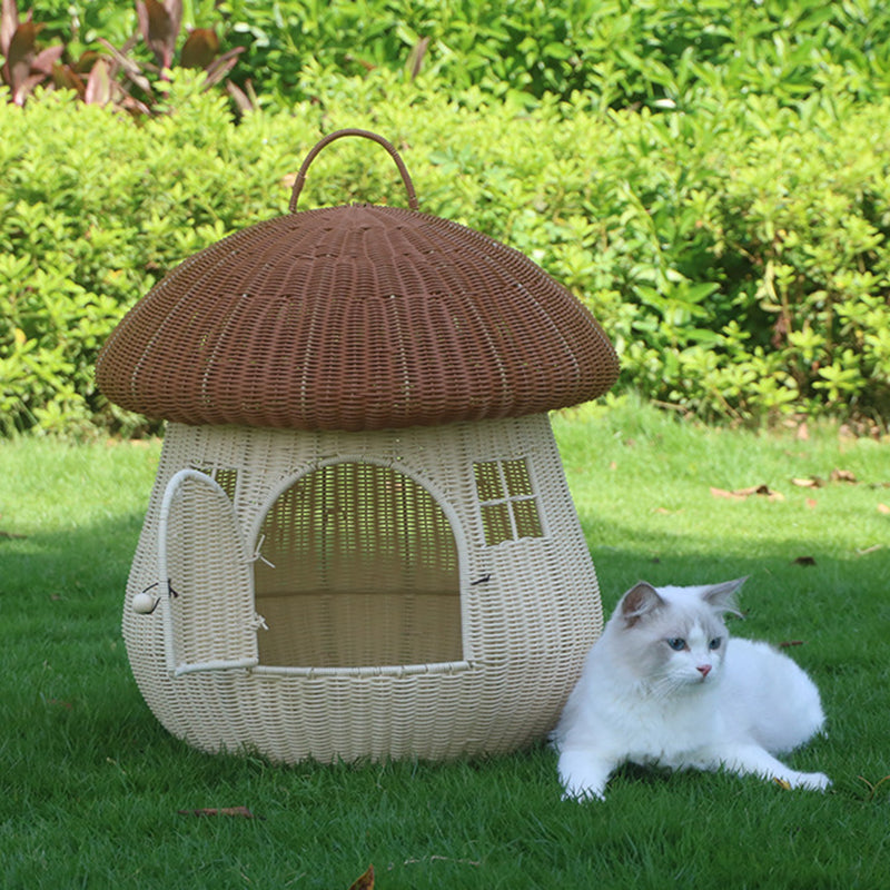 Contemporary Creative Round PP Rattan Handwoven Mushroom-Shaped Cat Bed For Outdoor & Bedroom