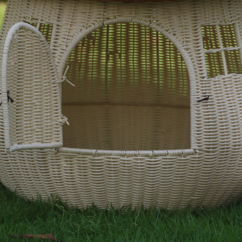 Contemporary Creative Round PP Rattan Handwoven Mushroom-Shaped Cat Bed For Outdoor & Bedroom