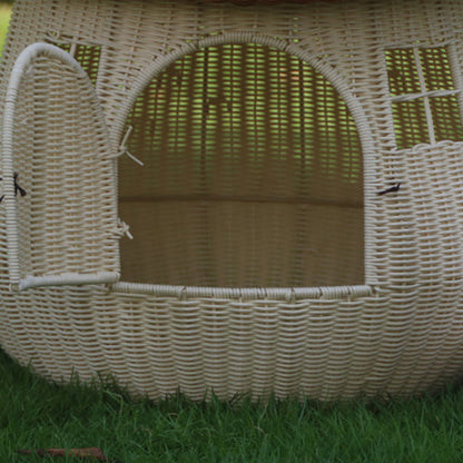 Contemporary Creative Round PP Rattan Handwoven Mushroom-Shaped Cat Bed For Outdoor & Bedroom