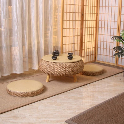 Traditional Japanese Round Rattan Mat Side Table Solid Wood Frame Side Table 1-Storage For Living Room