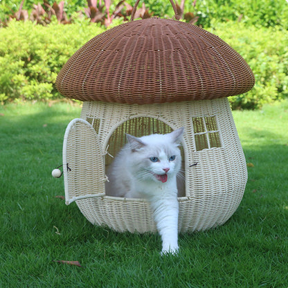 Contemporary Creative Round PP Rattan Handwoven Mushroom-Shaped Cat Bed For Outdoor & Bedroom