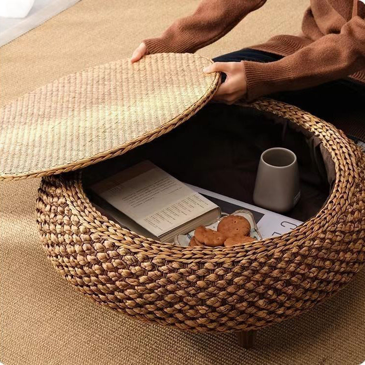 Traditional Japanese Round Rattan Mat Side Table Solid Wood Frame Side Table 1-Storage For Living Room