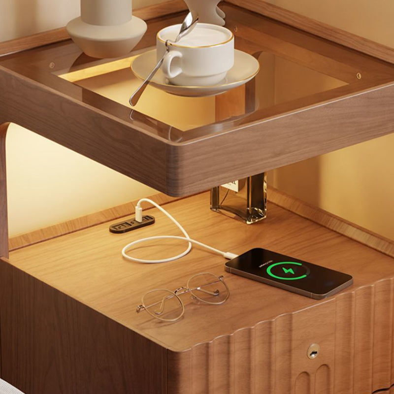 Contemporary Nordic Rectangular Rubberwood Pine Wood Tempered Glass Zinc Alloy Nightstand 2-Drawer For Bedroom
