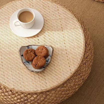 Traditional Japanese Round Rattan Mat Side Table Solid Wood Frame Side Table 1-Storage For Living Room