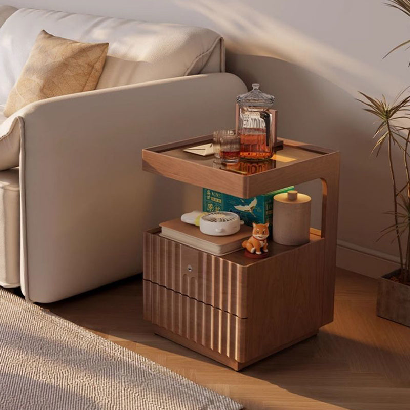 Contemporary Nordic Rectangular Rubberwood Pine Wood Tempered Glass Zinc Alloy Nightstand 2-Drawer For Bedroom