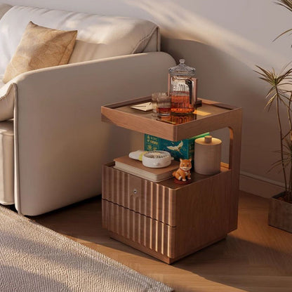 Contemporary Nordic Rectangular Rubberwood Pine Wood Tempered Glass Zinc Alloy Nightstand 2-Drawer For Bedroom