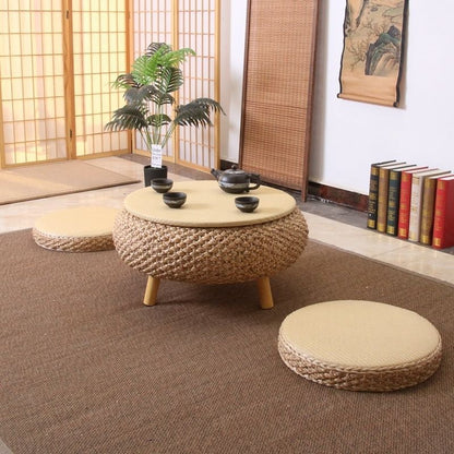 Traditional Japanese Round Rattan Mat Side Table Solid Wood Frame Side Table 1-Storage For Living Room
