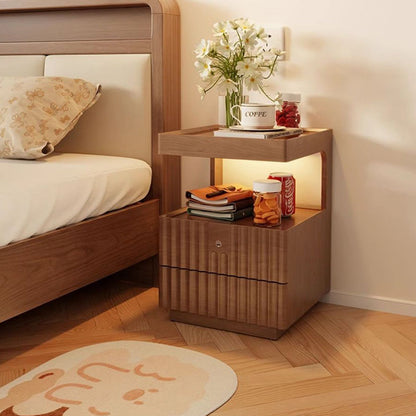 Contemporary Nordic Rectangular Rubberwood Pine Wood Tempered Glass Zinc Alloy Nightstand 2-Drawer For Bedroom