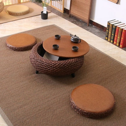Traditional Japanese Round Rattan Mat Side Table Solid Wood Frame Side Table 1-Storage For Living Room