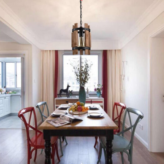 Traditional Rustic Round Wooden Fence 1-Light Pendant Light For Living Room
