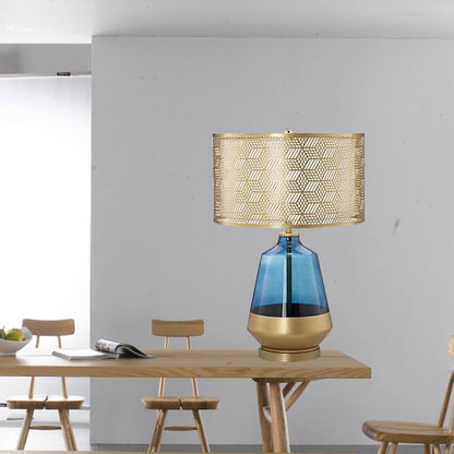 Modern Luxury Blue Glass Bottle Metal Lamp Shade 1-Light Table Lamp for Bedroom