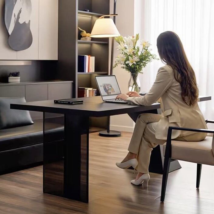 Modern Minimalist Oak & Acrylic Rectangular Desk With Wireless Charging And Outlet For Bedroom & Home Office