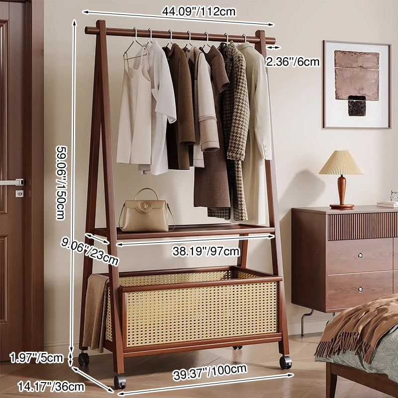 Contemporary Retro Trapezoidal Multifunctional Nan Bamboo Hall Tree Coat Rack With Wheels & Plastic Rattan Laundry Basket For Entryway