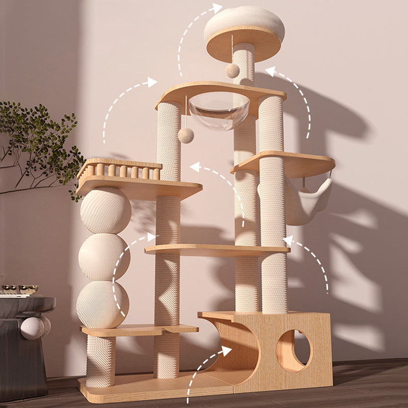 Contemporary Scandinavian Rectangular Rubberwood Plywood Pine Wood Pillar Velvet Fabric Hemp Rope Acrylic Cat Tree 3-Condo 5-Perch For Bedroom