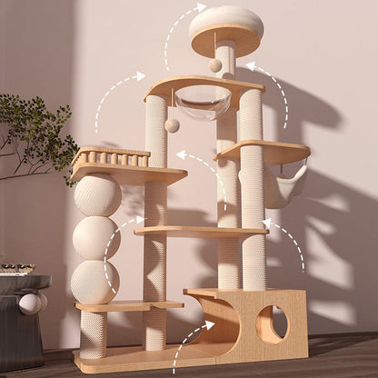 Contemporary Scandinavian Rectangular Rubberwood Plywood Pine Wood Pillar Velvet Fabric Hemp Rope Acrylic Cat Tree 3-Condo 5-Perch For Bedroom