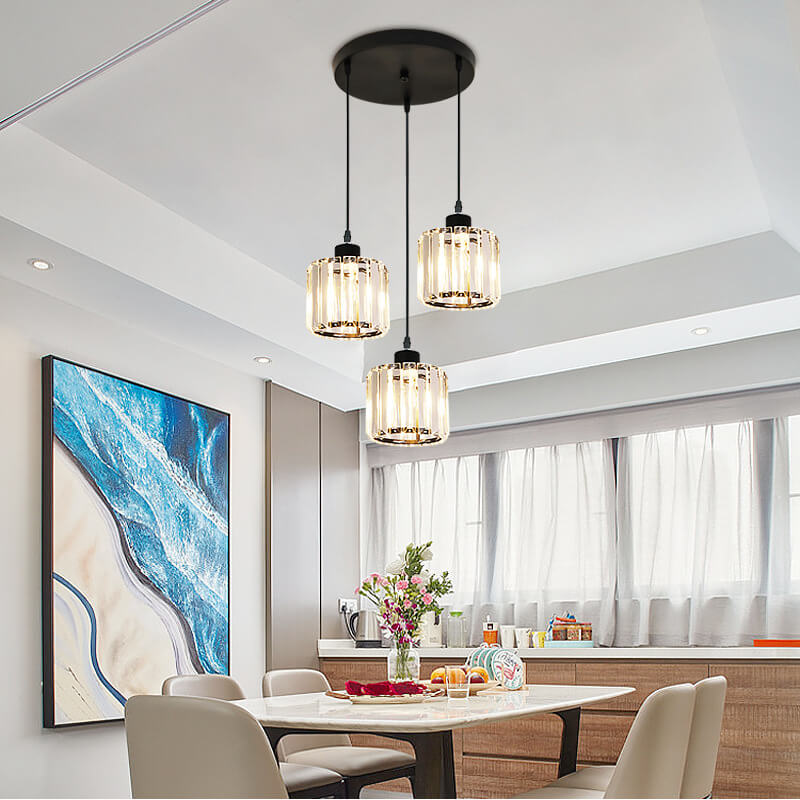 Modern Luxury Round Iron Crystal 3-Light Cylindrical Jar Chandelier For Living Room