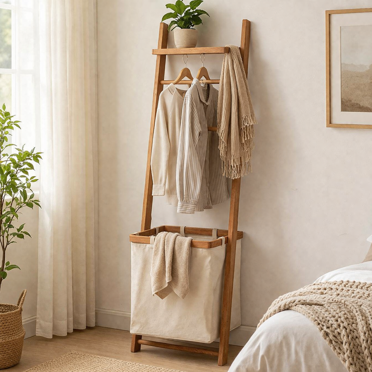 Modern Minimalist Solid Cherry Wood Fabric Rectangular Garment Rack Multi-Function Hall Tree With Laundry Basket For Living Room & Bedroom & Bathroom