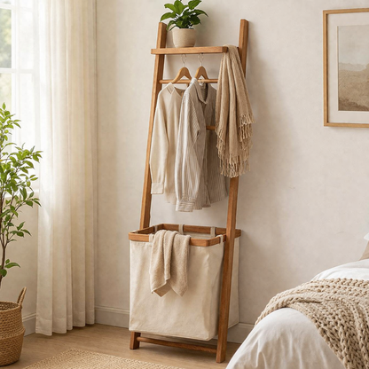 Modern Minimalist Solid Cherry Wood Fabric Rectangular Garment Rack Multi-Function Hall Tree With Laundry Basket For Living Room & Bedroom & Bathroom