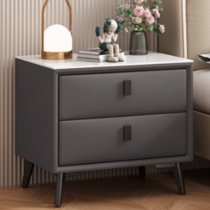Modern Minimalist Rectangular Stone Slab Cat's Paw Leather Medium Density Fiberboard Pine Wood Carbon Steel Nightstand 2 -Drawer For Bedroom