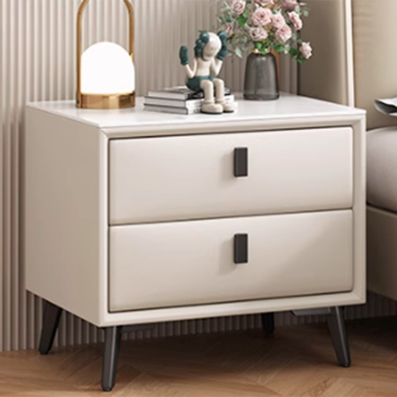 Modern Minimalist Rectangular Stone Slab Cat's Paw Leather Medium Density Fiberboard Pine Wood Carbon Steel Nightstand 2 -Drawer For Bedroom