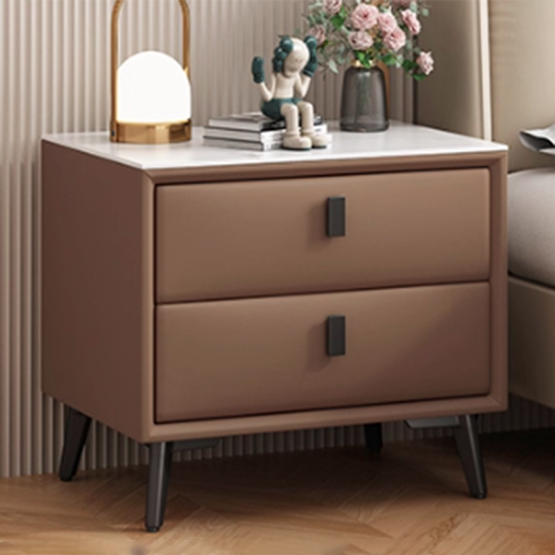 Modern Minimalist Rectangular Stone Slab Cat's Paw Leather Medium Density Fiberboard Pine Wood Carbon Steel Nightstand 2 -Drawer For Bedroom