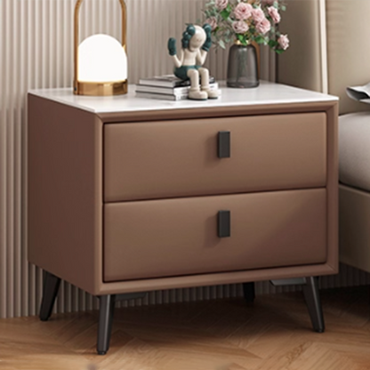 Modern Minimalist Rectangular Stone Slab Cat's Paw Leather Medium Density Fiberboard Pine Wood Carbon Steel Nightstand 2 -Drawer For Bedroom