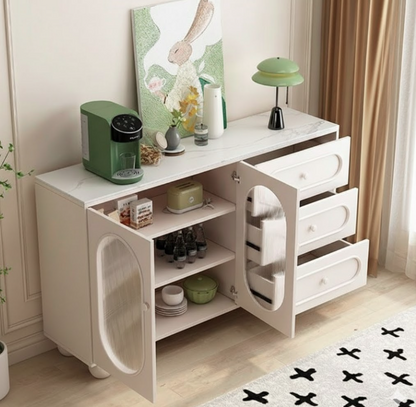 Contemporary Scandinavian Rectangular Medium-Density Fiberboard Particleboard Sintered Stone Fluted Glass Sideboard 1-Cabinet 3-Drawer For Living Room