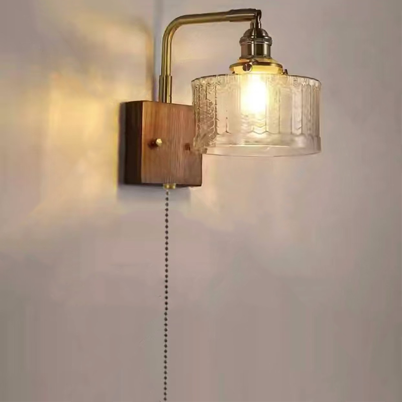 Modern Mid-Century Frosted Glass Brass Walnut 1-Light Wall Sconce Lamp With Zipper For Living Room & Bedroom