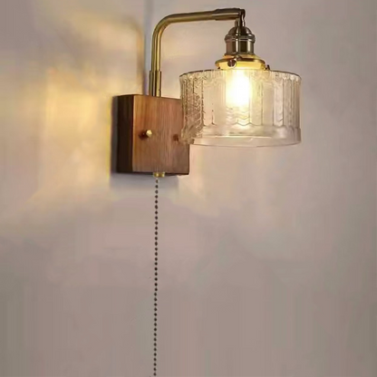 Modern Mid-Century Frosted Glass Brass Walnut 1-Light Wall Sconce Lamp With Zipper For Living Room & Bedroom