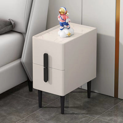 Modern Luxury Rectangular Solid Wood Plywood Pinewood Stone Slab Faux Leather Nightstand 2-Drawer For Bedroom
