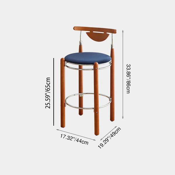 Modern Minimalist Round Solid Wood Plywood Wrought Iron Bar Stool With Backrest Footrest - Beech Wood Legs, Upholstered Sponge Cushions For Dining Room & Kitchen