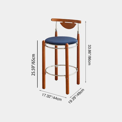 Modern Minimalist Round Solid Wood Plywood Wrought Iron Bar Stool With Backrest Footrest - Beech Wood Legs, Upholstered Sponge Cushions For Dining Room & Kitchen